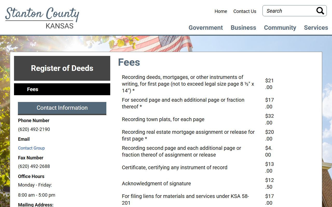 Stanton County Clerk of the District Court related Register of Deeds fee schedule