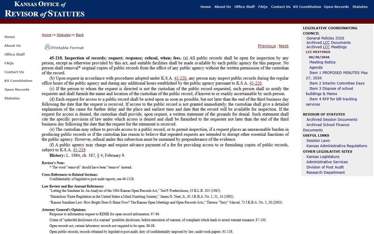 Stanton County court dockets Kansas public records inspection statute
