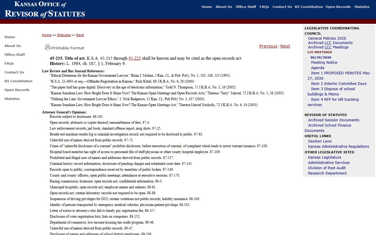 Stanton County court records Kansas Open Records Act statute