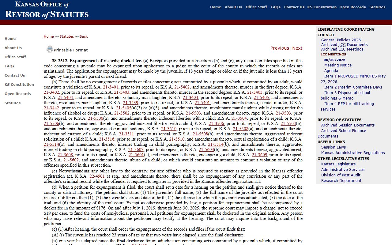 Stanton County criminal court records Kansas juvenile expungement statute