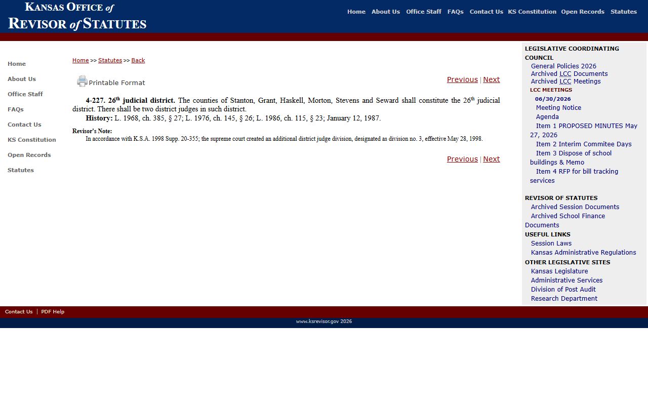 Stanton County District Court K.S.A. 4-227 judicial district statute