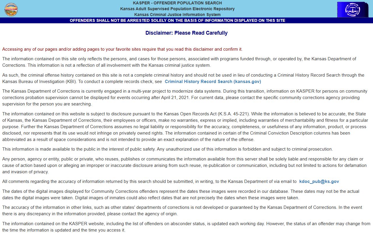 Stanton County inmate search KDOC KASPER disclaimer