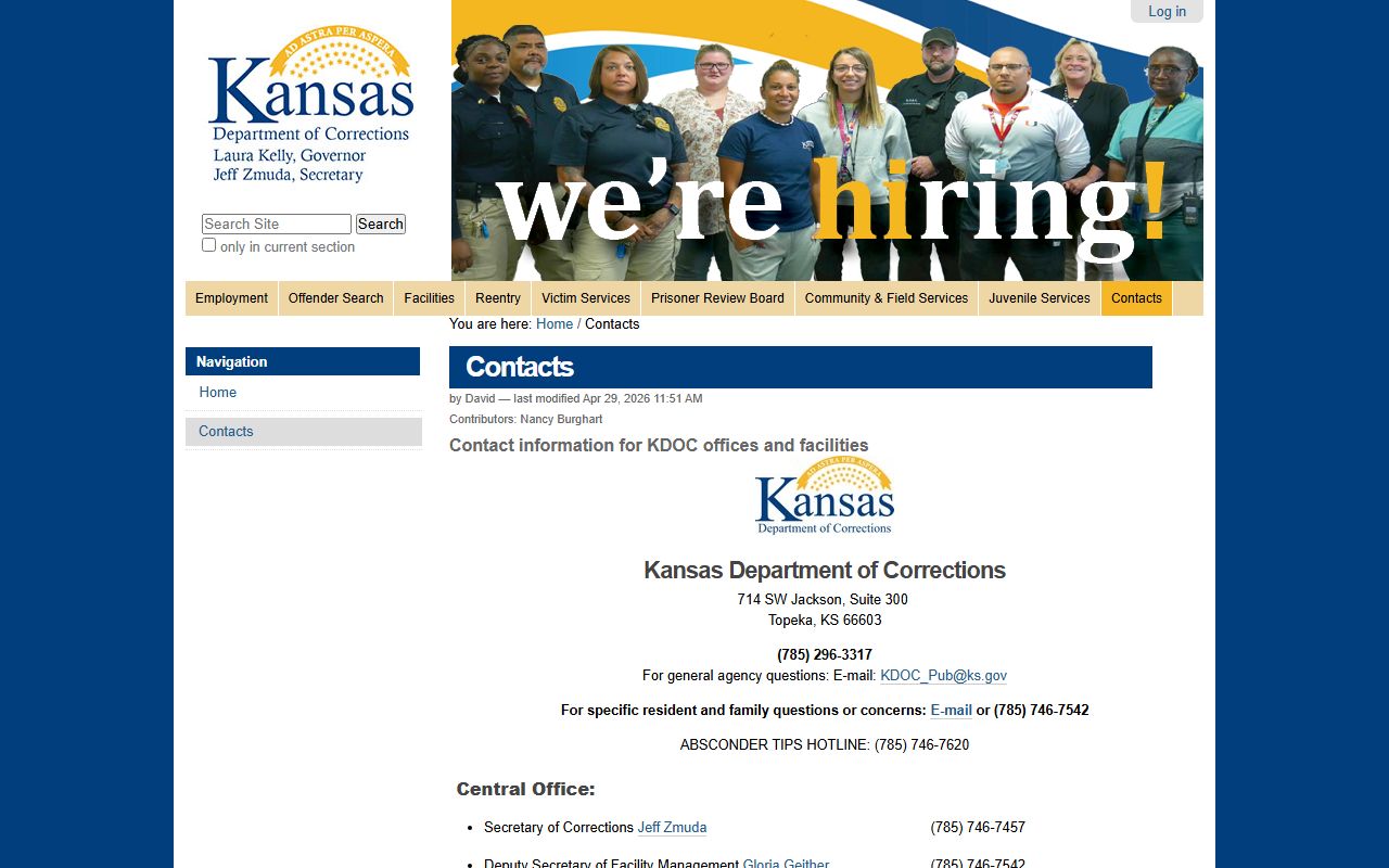 Stanton County inmate records KDOC contacts page