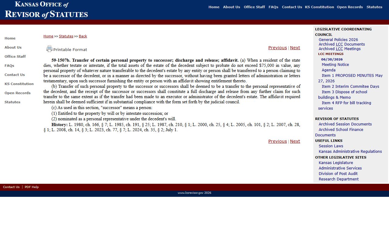 Stanton County probate records Kansas small estates statute